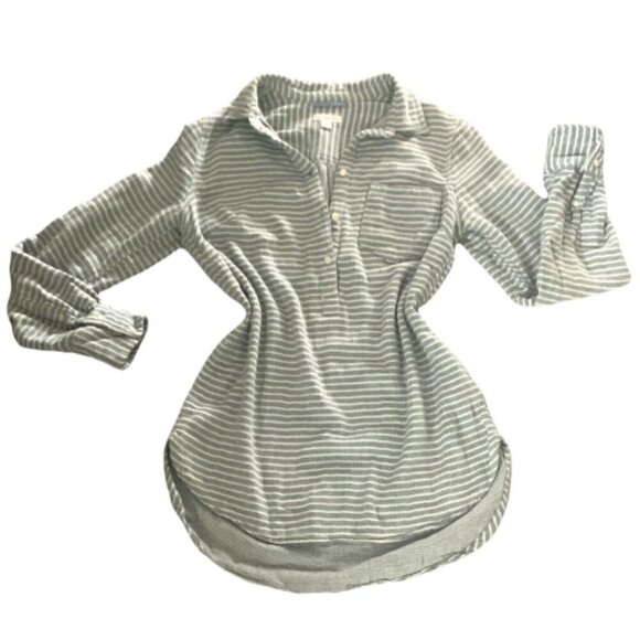 Merona S Stretch Cotton Button Tunic Top Pocket Gray Striped Casual 185K - Picture 4 of 7